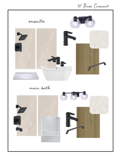 Material Selections and Fixture Specifications. Presenting choices for the property's ensuite and main bath applications - 97 Rosa Crescent, St. Albert, AB 