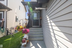 Concrete steps ascending to a dark-paneled door with an overhead awning - 