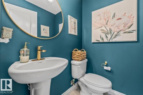 Pedestal sink with a polished brass-finish faucet, framed by a gold-tone oval mirror - 14 Edinburgh Crt N, St. Albert, AB 
