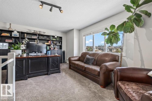 Spacious room with a large window, light gray walls, textured gray carpeting, and a track lighting fixture - 14 Edinburgh Crt N, St. Albert, AB 