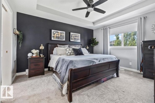 Room featuring a tray ceiling with a dark-tone ceiling fan, light-toned carpet, and a window with white trim - 14 Edinburgh Crt N, St. Albert, AB 