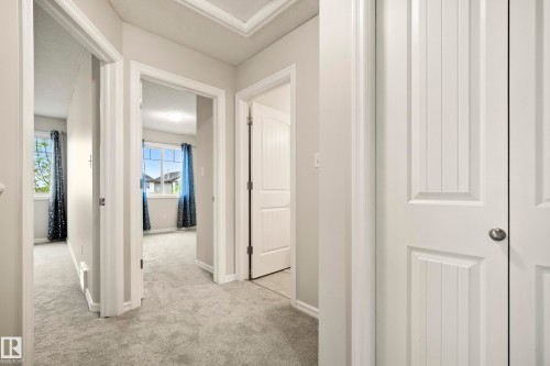 Hallway featuring neutral-toned walls, light grey carpeting, white trim, and white panel doors - 2369 27 Avenue, Edmonton, AB 