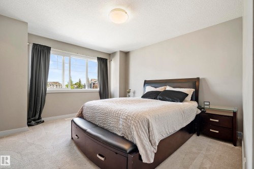 Spacious bedroom featuring light-colored carpet flooring, a large window with white framing, and a ceiling-mounted light fixture - 11 4205 30 Street, Edmonton, AB 