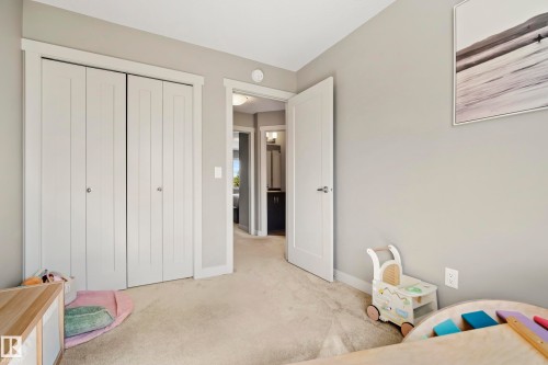 Neutral-toned room featuring a cream-colored carpet, light gray walls, and white trim - 11 4205 30 Street, Edmonton, AB 