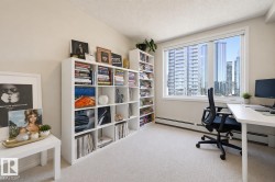 Room featuring a large window, light-toned carpeting, and multiple built-in shelving units - 