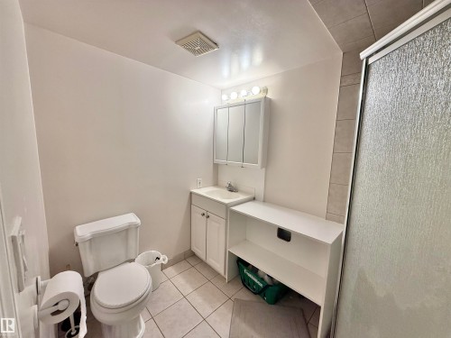 Bathroom featuring a built-in shower enclosure with textured glass, a vanity with under-sink cabinetry, a wall-mounted medicine cabinet, and tiled flooring - 11941 78 Street, Edmonton, AB 