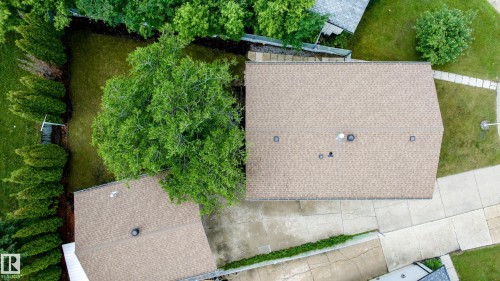 Property featuring a shingle roof, a paved driveway, and established landscaping including a large tree and evergreen bushes - 212 Homestead Crescent, Edmonton, AB 