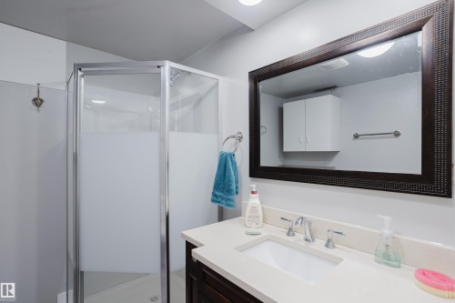 Bathroom featuring a stand-up corner shower with frosted glass enclosure - 212 Homestead Crescent, Edmonton, AB 
