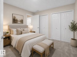 Bedroom featuring neutral wall colors, soft gray carpeting, and multiple white bi-fold closet doors - 