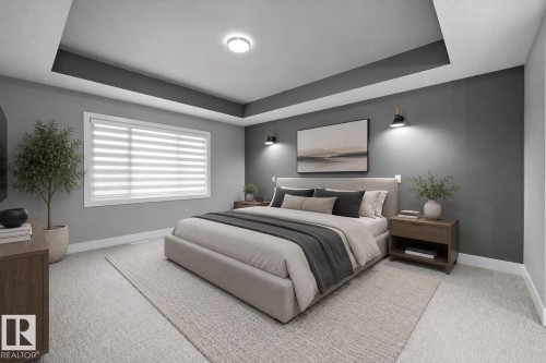 Spacious room featuring a recessed ceiling, wall-mounted light fixtures, a large window with horizontal blinds, and carpeting - 714 Ebbers Place, Edmonton, AB 