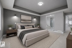 Spacious room featuring a tray ceiling with recessed lighting, wall-mounted sconces, and neutral carpet flooring - 