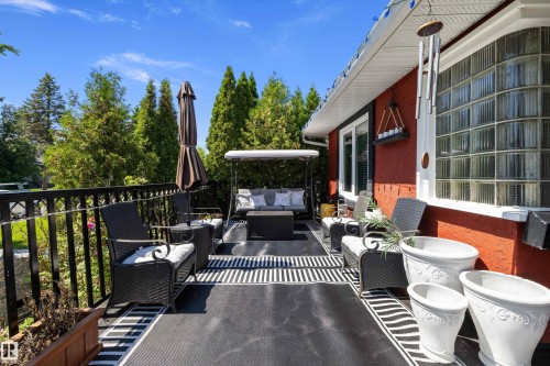 Expansive outdoor patio featuring a black metal railing, patterned outdoor rugs, and a red exterior wall - 11124 110A Avenue Nw, Edmonton, AB 