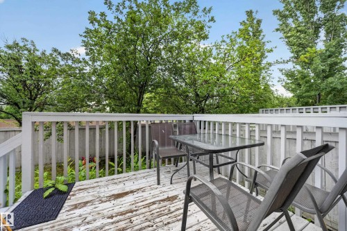 Outdoor deck space featuring a wooden railing, natural wood-finish decking, and surrounding mature trees - 4 4350 23 Street, Edmonton, AB 