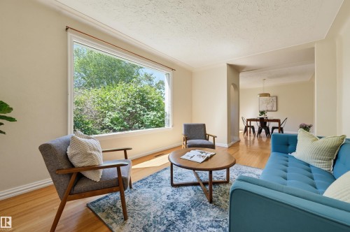 Living area featuring a large picture window, wood-finish flooring, crown molding, and an arched entryway - 11619 122 Street, Edmonton, AB 