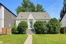 Single-story home featuring light-colored siding, a pitched roof, and an inviting front entrance with stairs - 11619 122 Street, Edmonton, AB 