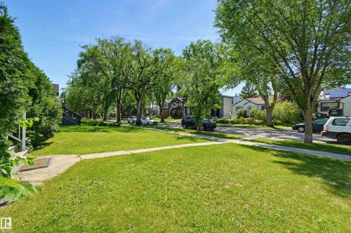 Expansive front lawn with a concrete pathway and mature perimeter shrubbery - 11619 122 Street, Edmonton, AB 