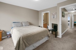 Carpeted bedroom with neutral wall tones and a ceiling-mounted light fixture - 