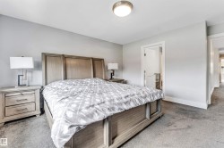 Spacious bedroom featuring light gray walls, plush gray carpeting, and white baseboards - 