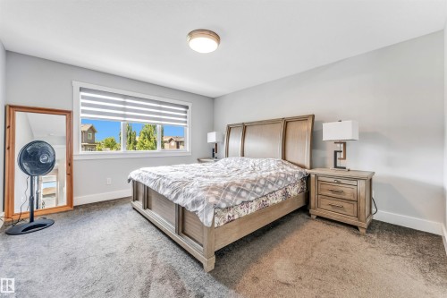 Bright bedroom with neutral wall tones and dark carpet flooring - 8516 216 Street, Edmonton, AB 
