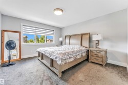 Bright bedroom with neutral wall tones and dark carpet flooring - 