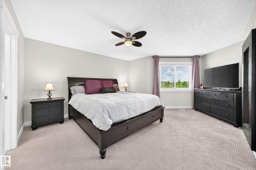 Carpeted bedroom featuring a large window, ceiling fan, and light gray wall paint - 13724 166 Avenue Nw, Edmonton, AB 