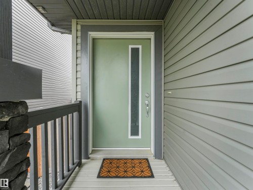 Entryway featuring a sage green door with a vertical frosted glass insert, dark grey trim, and a brushed nickel handle - 20507 99 Avenue, Edmonton, AB - Outdoor With Exterior