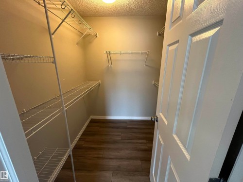 Walk-in closet featuring wood-finish flooring, neutral wall tones, white wire shelving, and a panel door - 8 Meadowlink Common, Spruce Grove, AB - Indoor