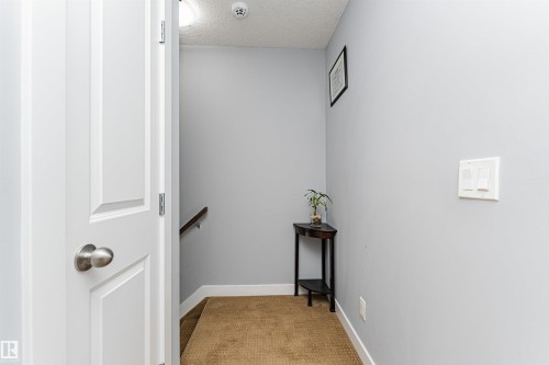 Hallway featuring light gray walls, white trim, and a textured carpeted floor - 35 675 Albany Way, Edmonton, AB 