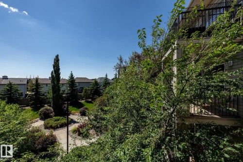Private balcony with black wrought iron railing overlooking a landscaped green space with mature evergreen trees, paved walkways, and residential rooftops in the distance - 330 1520 Hammond Gate Gate, Edmonton, AB 