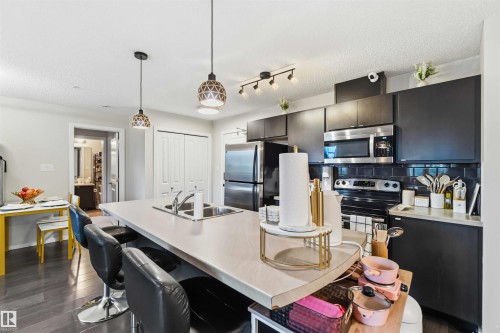 Open-concept kitchen featuring an island with integrated double sink, stainless steel appliances, dark cabinetry, and wood-finish flooring - 244 1196 Hyndman Road, Edmonton, AB 