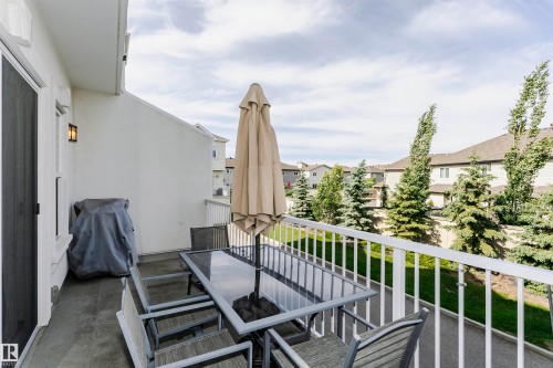 Spacious outdoor balcony with a white railing overlooking a paved pathway and mature evergreen trees - #55 723 172 St Sw, Edmonton, AB - Outdoor With Balcony With Exterior