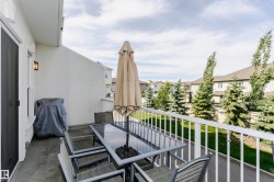 Spacious outdoor balcony with a white railing overlooking a paved pathway and mature evergreen trees - 
