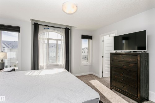 Room featuring an arched window, two rectangular windows, light gray walls, textured carpet flooring, and a flush mount ceiling light - #55 723 172 St Sw, Edmonton, AB - Indoor Photo Showing Bedroom