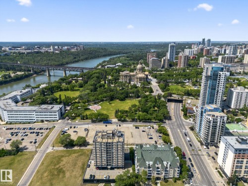 Aerial perspective showcasing a vibrant urban landscape with diverse architectural styles - 1504 9720 106 Street, Edmonton, AB 