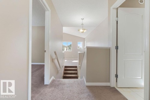 Carpeted hallway and staircase with white trim, leading to a sunlit room with multiple windows - 1306 32A Street, Edmonton, AB 