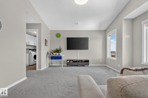 Spacious living area featuring light gray walls, plush gray carpeting, and multiple large windows with white trim - 2534 Wonnacott Loop, Edmonton, AB 