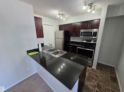 Kitchen featuring dark wood cabinetry, stainless steel appliances, a black countertop, and a double basin sink - 