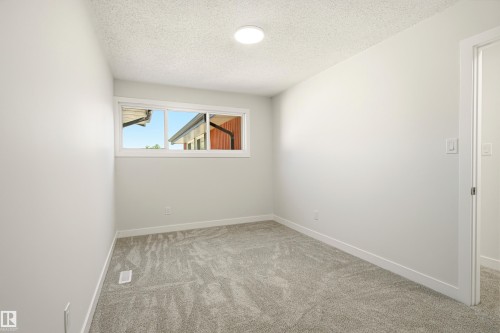 Neutral-toned room featuring a single window, light gray carpeting, crisp white baseboards, and an overhead flush-mount light fixture - 18217 84 Avenue Nw, Edmonton, AB 