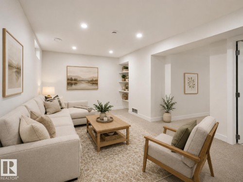 Carpeted living space featuring recessed lighting and built-in shelving - 18217 84 Avenue Nw, Edmonton, AB 