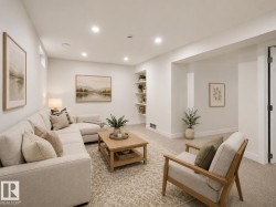 Carpeted living space featuring recessed lighting and built-in shelving - 