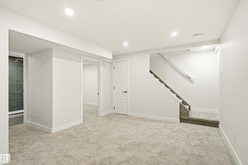 Spacious lower-level area featuring plush carpeting, recessed lighting, white trim, and a fully tiled shower enclosure - 18217 84 Avenue Nw, Edmonton, AB 
