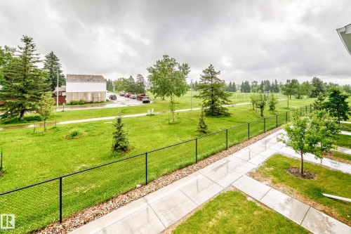 Expansive green space featuring a large lawn, mature trees, and paved walkways - 17 4137 76 Street, Edmonton, AB 
