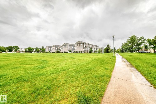 Expansive green space featuring a paved pathway, mature trees, and multi-level residential structures - 17 4137 76 Street, Edmonton, AB 