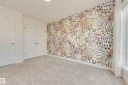 Bedroom with tropical-patterned accent wall, light grey carpeting, white trim, and two white panel doors - 