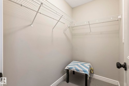 Closet interior featuring neutral wall paint, white wire shelving, white trim, and gray carpet flooring - 1542 33A St Nw, Edmonton, AB 