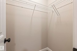 Walk-in closet featuring wire shelving, neutral wall paint, white trim, and wood-finish flooring - 