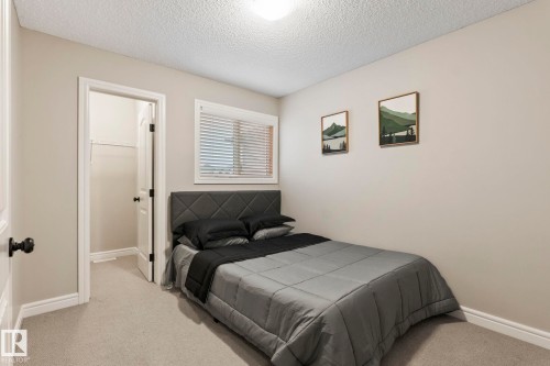Carpeted room featuring a single window with blinds, a recessed ceiling light fixture, and a white interior door opening to a closet with shelving - 1542 33A St Nw, Edmonton, AB 