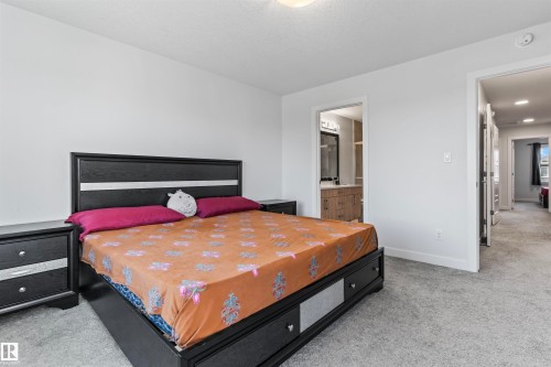 Plush grey carpeting extends throughout this interior space, featuring bright white walls and a ceiling light fixture - 8046 Kiriak Link, Edmonton, AB - Indoor Photo Showing Bedroom