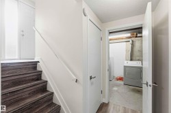 Dark wood-finish stairs with white risers and a white handrail - 