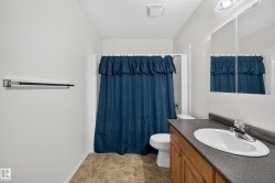 Bathroom featuring a vanity with wood-finish cabinetry, a white basin sink, and a dark countertop - 